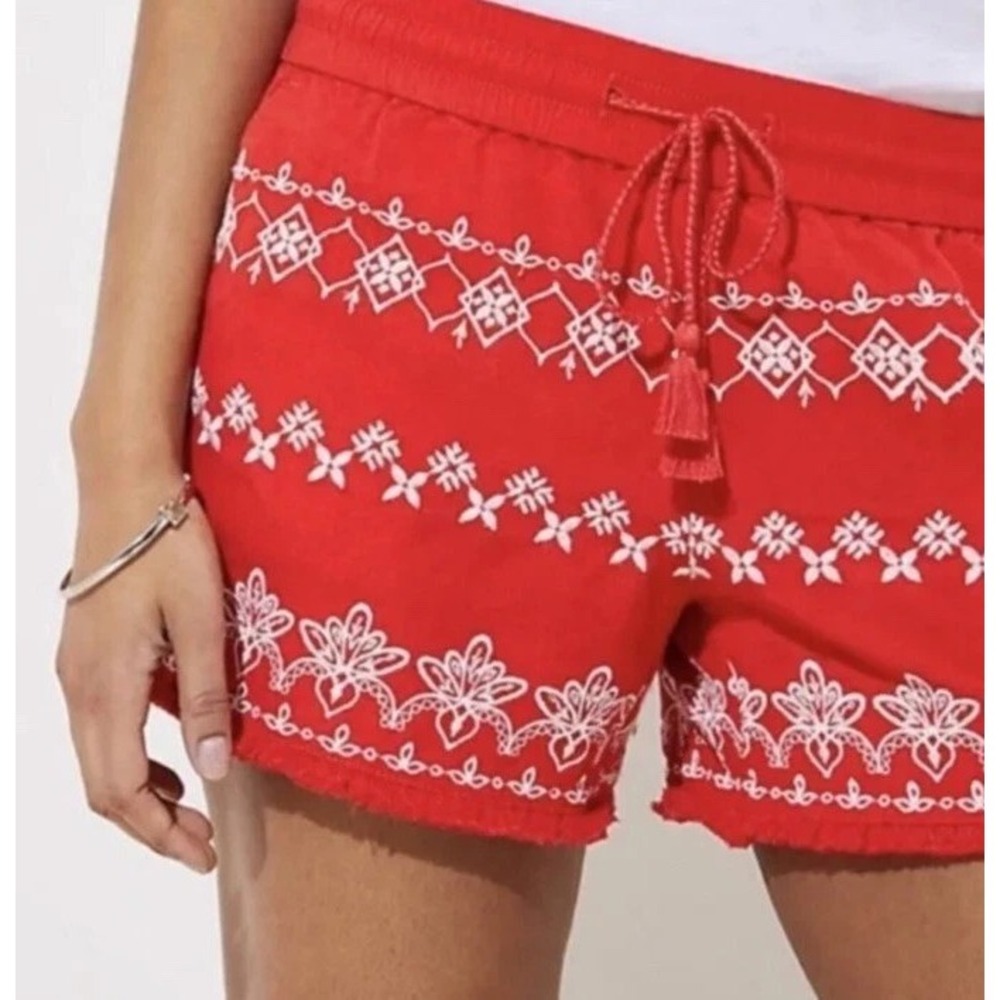 LOFT Red Embroidered shorts LINEN VISCOSE drawstring BOHO pockets Fray Edge sz S